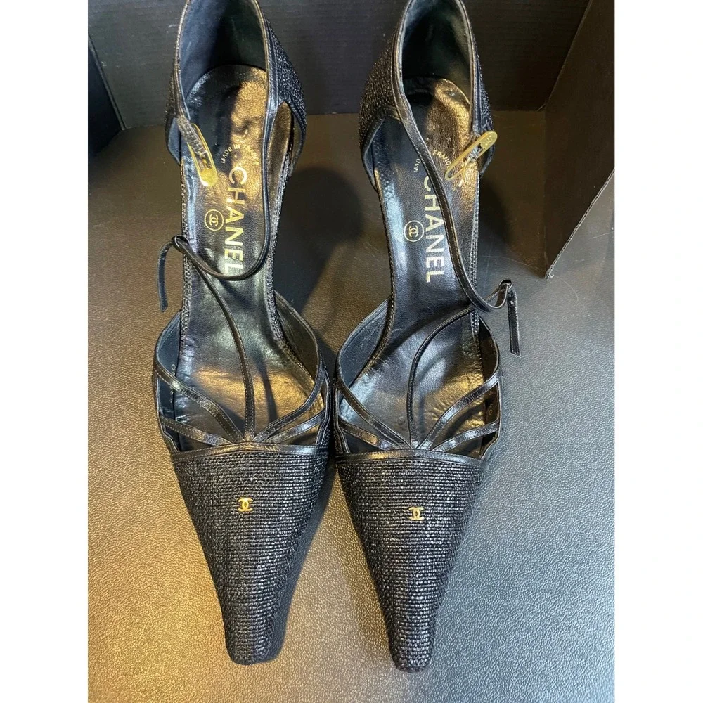 Chanel Womens EU 40 T Strap Pumps Black Woven CC Logo Pointed Toe Stiletto Heels